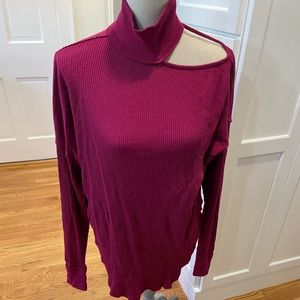 Free People waffle, Cut-out, high collar shirt.
